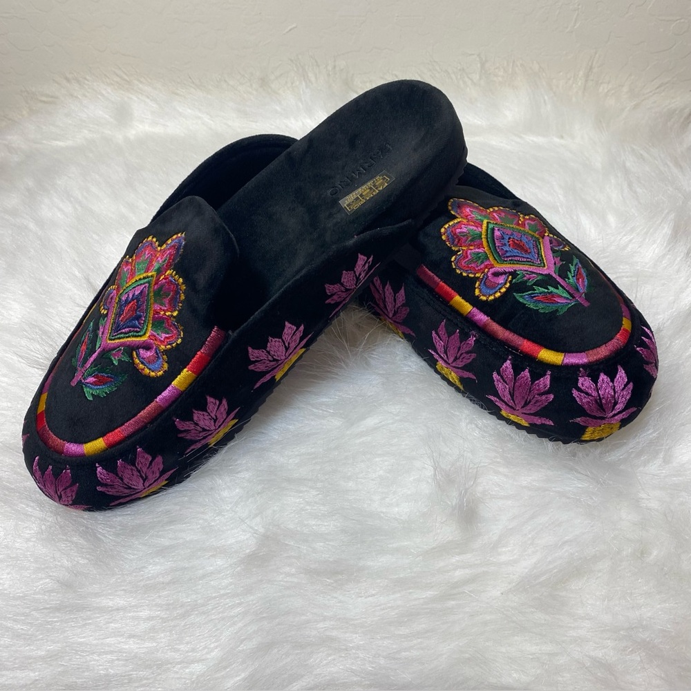 FARM Rio Black Velvet tapestry mule Preto with Pink and Purple Embroidery Sz 10